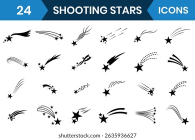 Abstrato Estrelas cadentes ícone vetor conjunto design. Meteorito e símbolos de cometa voador com cauda. Silhueta de estrela cadente, meteoro cadente, elemento de galáxia abstrata. Ilustração vetorial.
