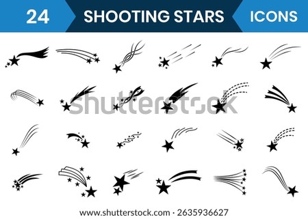 Abstract Shooting stars icon vector set design. Meteorite and flying comet symbols with tail. Silhouette of shooting star, falling meteor, abstract galaxy element. Vector illustration.