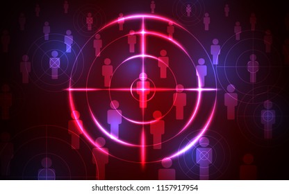 Abstract shooting target audience template on black blue background. Focus people, digital technology futuristic design concept.
