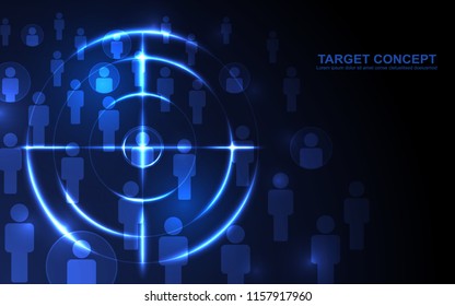 Abstract shooting target audience template on black blue background. Focus people, digital technology futuristic design concept.