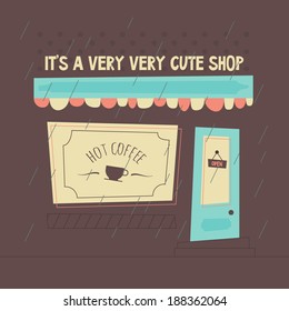 Abstract shop facade. Cartoon geometry. Hot coffee print on window. Minimal exterior, with rain. Flat design. Simple outdoors design. Easy to edit. Vector illustration - EPS10.