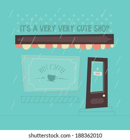 Abstract shop facade. Hot coffee print on window. Cartoon geometry. Minimal exterior, with rain. Flat design. Simple outdoors design. Easy to edit. Vector illustration - EPS10.