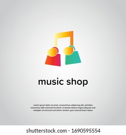 Logo de la tienda abstracta, concepto de diseño, emblema, icono, elemento de logotipo plano para la plantilla. Bolsa de compras incorporada colgando del concepto de nota musical