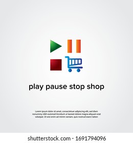 Abstract shop logo, design concept, emblem, icon, flat logotype element for template. Play Pause Stop button for shopping concept