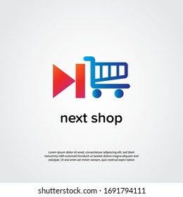 Abstract shop logo, design concept, emblem, icon, flat logotype element for template. Skip button with trolly for next shop concept