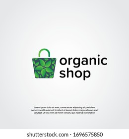 Abstract shop logo, design concept, emblem, icon, flat logotype element for template. Organic shop concept with leaves and flower illustration over the shopping bag