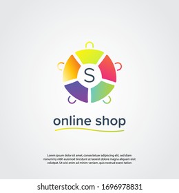 Abstract shop logo, design concept, emblem, icon, flat logotype element for template. unique colorful shopping bag concept