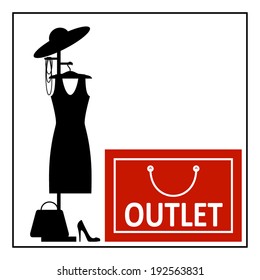 Abstract shop window. Dress and hat on a hanger near shoes and bag. Outlet sign on the Female clothes shop.