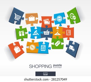 Abstract shopping background with connected color puzzles, integrated flat icons. 3d infographic concept with shop, money, marketing and cart pieces in perspective. Vector interactive illustration.