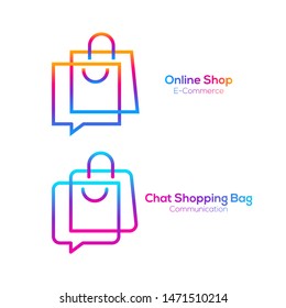 Abstract Shopping Bag and Chat Bubble logos wit line art, Online shop and Sale Buy sign, Fashion Store icon, Marketing and E-commerce, Social Networking and Communication Digital Technology Business