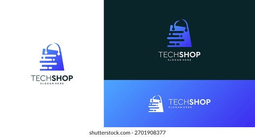 Bolso de compras Abstractas con el símbolo de la tecnología de la conexión, ideas del Vector del diseño del logotipo de la tienda en línea.	
