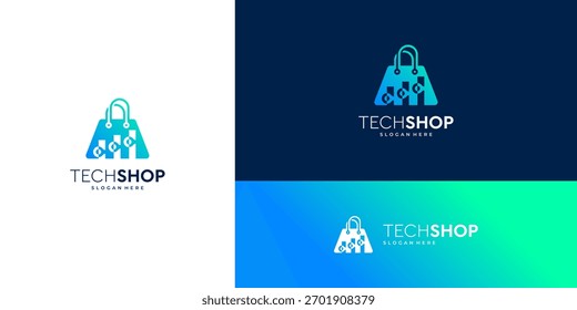 Abstrakte Einkaufstasche mit Verbindungstechnik-Symbol, Online-Shop-Logo-Design, Vektorgrafik-Ideen.	
