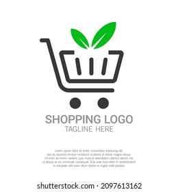 Resumen del carrito de la compra con el logo de la hoja. Adecuado para el concepto de logo de tienda orgánica, ir de comercio verde y mercado ecológico. Ilustración vectorial del logo de la compra de go green.