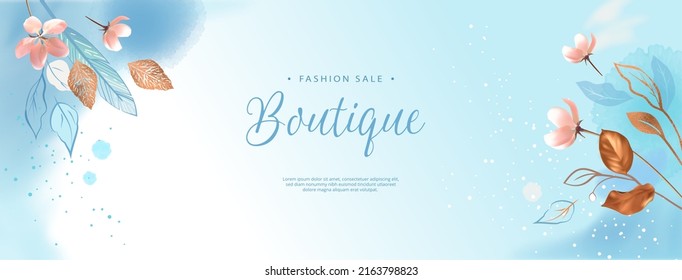 Abstract shopping store background. Decorative banner with watercolor spots and flowers