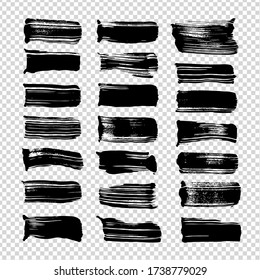 Abstract short straight brushstrokes of different smear saturation isolated on imitation transparent background