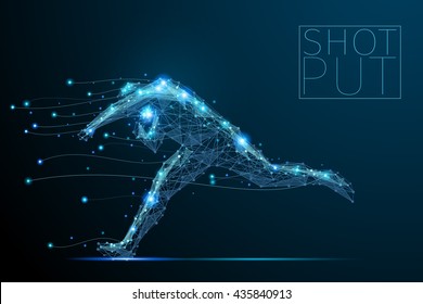 Abstract shot putter with cybernetic particles. Polygonal digital background. Point and curve constructed the shot putter silhouette wireframe.