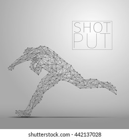 Abstract shot putter with cybernetic particles. Polygonal digital background. Point and curve constructed the shot putter silhouette wireframe.
