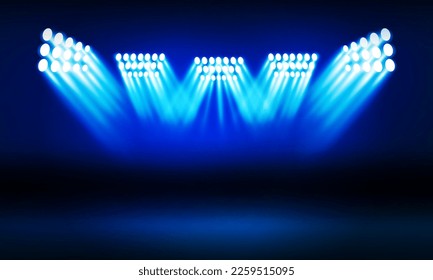 Abstract show led light concert stage with blue beam two light illuminating empty space, panoramic on black background with banner stadium vector design.