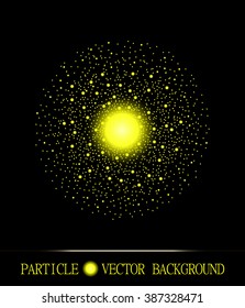 Abstract shpere of  yellow glowing light particles space black background. Galaxy symbol.  Style background for presentations, cards, scientific and jewelry design. Vector illustration