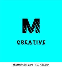 abstract shred black M logotype isolated on cyan background creative design concept. Vector illustration.