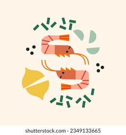 Abstract shrimp, prawn with lemon, herbs and garlic. Cute appetizing seafood recipe illustration. Geometric modern illustrations with seafood. 