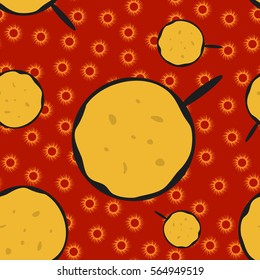 Abstract Shrovetide Seamless Pattern with Pancakes on Pan and Sun on Red Background. Vector Illustration for Celebration Holiday Design. 