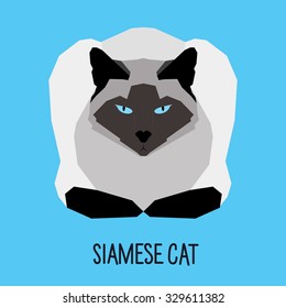 Abstract siamese cat isolated on blue. Graphic cartoon cute cat for design card, invitation, banner, book, scrapbook, t-shirt, poster, sketchbook, album etc.
