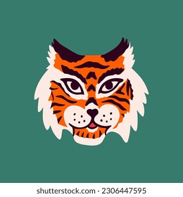 Abstract siberian tiger head in groovy stile. Vector hand drawn cartoon illustration isolated on background. Tiger print for t shirt, poster, tattoo, decorate. Endangered animal. 