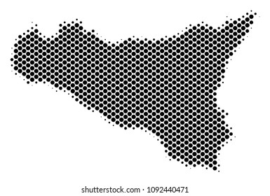 Abstract Sicilia map. Vector halftone territory plan. Cartographic pixel abstraction. Schematic Sicilia map is formed with regular round cell mosaic.