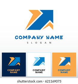 Abstract sign - arrow. Graphic symbol of logo design element, computer icon in orange, blue colors on white background. Vector illustration.