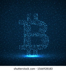 Abstract sign bitcoin of glowing particles, payment system. Neon financial symbol. Isolated vector illustration