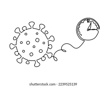 Abstract sign of corona virus with clock as line drawing on white background. Vector
