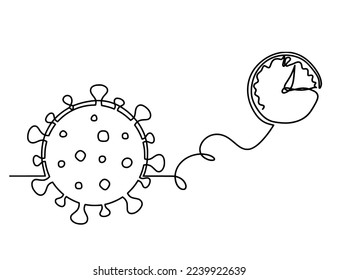 Abstract sign of corona virus with clock as line drawing on white background