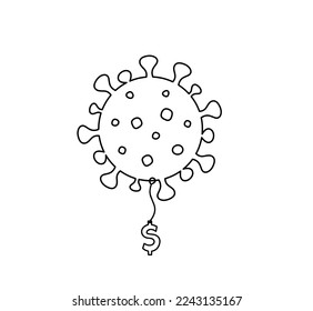 Signo abstracto del virus de la corona con el dólar como dibujo de línea sobre fondo blanco. Vector