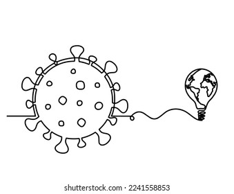 Abstract sign of corona virus with globe light bulb as line drawing on white background. Vector