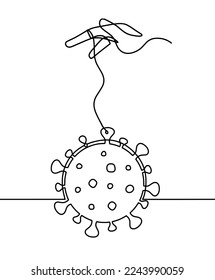 Abstract sign of corona virus with hand as line drawing on white background. Vector