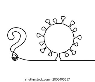 Signo abstracto del virus de la corona y signo de interrogación como dibujo de línea sobre fondo blanco. Vector