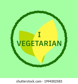 Abstract sign with leaves i am vegetarian, gentle green background, modern logo, vector illustration