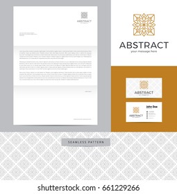 Abstract sign made of lines identity design consisting of logo, business card, letterhead and seamless pattern.