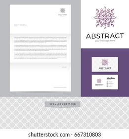 Abstract sign made of lines identity design consisting of logo, business card, letterhead and seamless pattern.