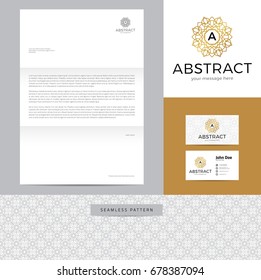 Abstract sign made of lines identity design consisting of logo, business card, letterhead and seamless pattern.