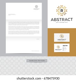 Abstract sign made of lines identity design consisting of logo, business card, letterhead and seamless pattern.