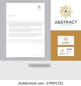 Abstract sign made of lines identity design consisting of logo, business card, letterhead and seamless pattern.