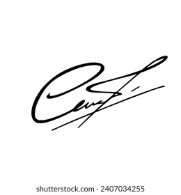 Abstract signature front letter C. Vector with black writing and transparent backgrond.