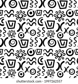Abstrakte Zeichen und Elemente, antikes Schreiben. Nahtloses Muster. Handgezeichnete Vektordoodles alter traditioneller Symbole. Ritualer Siebdruck. Kunstmalerei. Schwarz-Weiß