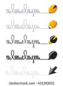 Abstract signs made by different writing tools. Pen, Ink Pen, Pencil, Marker and digital arrow