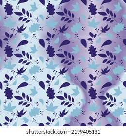 Abstract silhouette autumn leaves seamless pattern on light blue holographic background