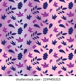 Abstract silhouette autumn leaves seamless pattern on light purple holographic background