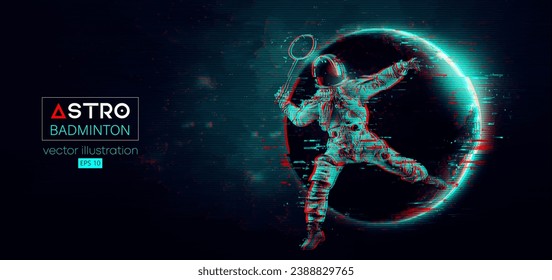 Abstract silhouette of a badminton player astronaut in space action and Earth, Mars, planets on the background of the space. The badminton player hits the shuttlecock. Vector 3d render illustration