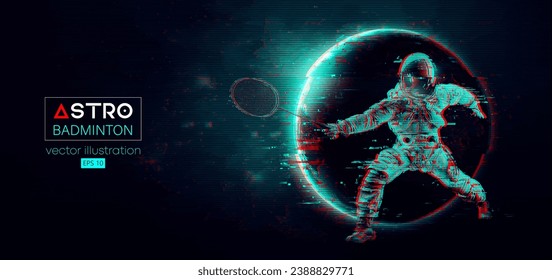 Abstract silhouette of a badminton player astronaut in space action and Earth, Mars, planets on the background of the space. The badminton player hits the shuttlecock. Vector 3d render illustration